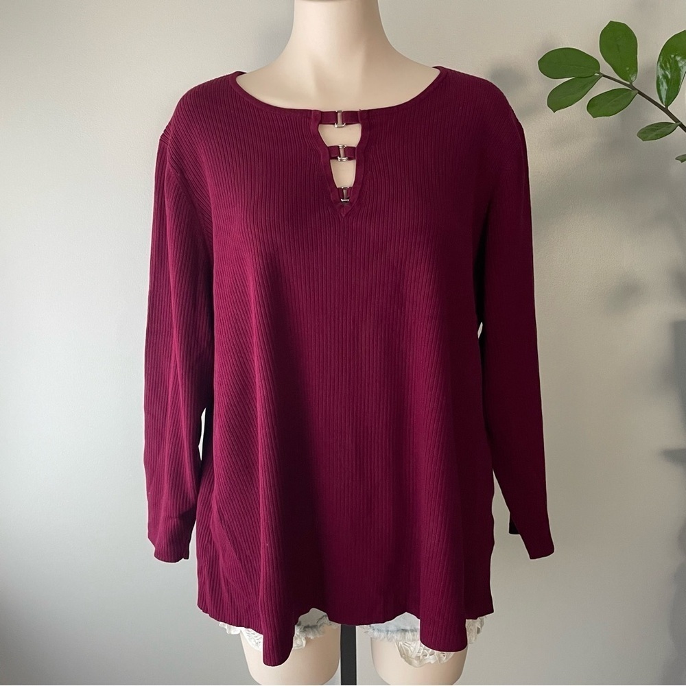 Addition Elle Ribbed Keyhole Front Knit Scoop Neck Sweater Burgundy Plus Size 4X